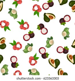 Very high quality original trendy vector seamless pattern with lychee, mangosteen, feijoa, avocado, exotic tropical fruit