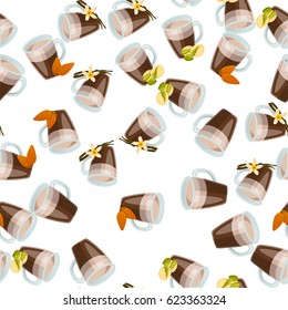 Very high quality original trendy vector seamless pattern with pistachio, almonds and vanilla hot chocolate cup
