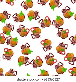Very high quality original trendy vector seamless pattern teapot with lychee and mint tea