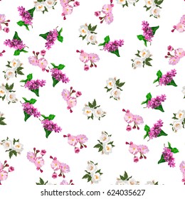 Very high quality original trendy realistic vector seamless pattern with rose bush or bouquet of roses, plum flower and lilac flower. Spring or summer design