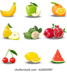 Very high quality original trendy vector set of realistic juicy fruits. pomegranate, apple, pear, orange, watermelon, lemon, cherry, banana, feijoa Fully editable vector