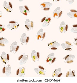 Very high quality original trendy vector seamless pattern with hazelnut, almonds, pistachio and cinnamon hot chocolate cup