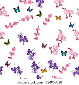 Very high quality original trendy vector seamless pattern with Purple Iris and plum flowers