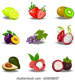 Very high quality original trendy vector set of realistic juicy fruits. plime, strawberry, kiwi, plum, grape, dragonfruit, lychee, Fully editable vector