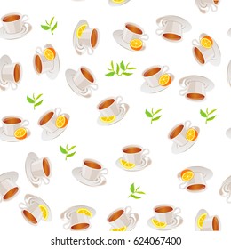 Very high quality original trendy vector seamless pattern tea cup with orange and lemon