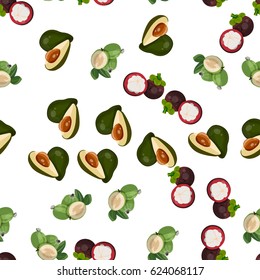 Very high quality original trendy vector seamless pattern with feijoa, avocado, mangosteen, exotic tropical fruit