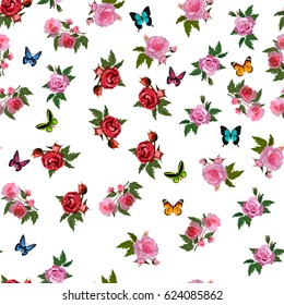Very high quality original trendy realistic vector seamless pattern with rose bush or bouquet of roses and butterfly