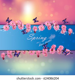 Very high quality original trendy vector illustration of Japanese plum blossom or red cherry flower and in original floral template of invitation