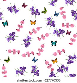 Very high quality original trendy vector seamless pattern with Purple Iris and plum flowers