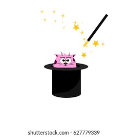 Very high quality original trendy vector illustration of magic hat with cat and wand with sparkles