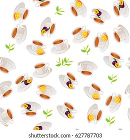 Very high quality original trendy vector seamless pattern tea cup with plum and orange