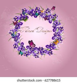 Very high quality original trendy vector illustration of iris blossom flower in original floral template of invitation