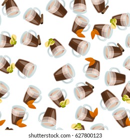 Very high quality original trendy vector seamless pattern with pistachio, almonds and cinnamon hot chocolate cup