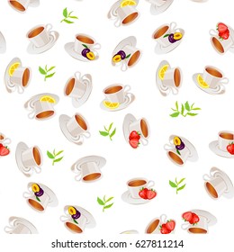 Very high quality original trendy vector seamless pattern tea cup with plum and strawberry, lemon