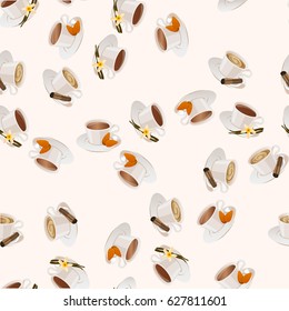 Very high quality original trendy vector seamless pattern with almonds , vanilla and cinnamon hot chocolate cup