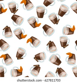 Very high quality original trendy vector seamless pattern with almonds and cinnamon hot chocolate cup