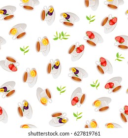 Very high quality original trendy vector seamless pattern tea cup with plum and strawberry, orange