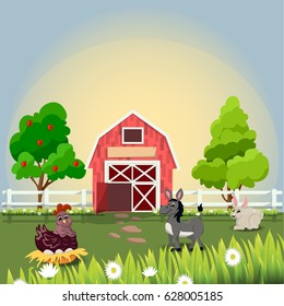 Very high quality original trendy vector illustration of happy and cheerful donkey, hen and rabbit on farm with fruit trees and chamomiles, farm animal