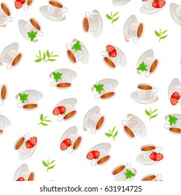Very high quality original trendy vector seamless pattern tea cup with mint and strawberry