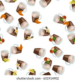 Very high quality original trendy vector seamless pattern with hazelnut, almonds, almonds and pistachio hot chocolate cup