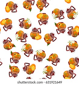 Very high quality original trendy vector seamless pattern teapot with peach, chamomile and orange tea