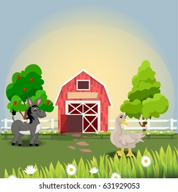Very high quality original trendy vector illustration of happy and cheerful donkey and goose on farm with fruit trees and chamomiles, farm animal