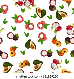 Very high quality original trendy vector seamless pattern with feijoa, avocado, mangosteen, exotic tropical fruit