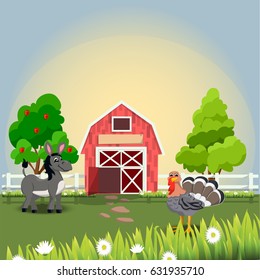 Very high quality original trendy vector illustration of happy and cheerful donkey and happy turkey for thanksgiving on farm with fruit trees and chamomiles