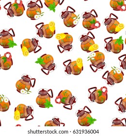 Very high quality original trendy vector seamless pattern teapot with chamomile, lemon, lychee and mint tea