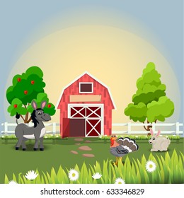 Very high quality original trendy vector illustration of happy and cheerful donkey, turkey and rabbit on farm with fruit trees and chamomiles, farm animal