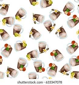 Very high quality original trendy vector seamless pattern with hazelnut,pistachio and vanilla hot chocolate cup