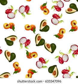 Very high quality original trendy vector seamless pattern with pitaya, avocado, peach, dragon fruit, exotic tropical fruit