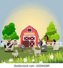 Very high quality original trendy vector illustration of happy and cheerful donkey, turkey, goose, horse, goat, cow and rabbit