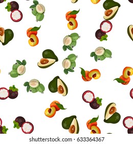 Very high quality original trendy vector seamless pattern with lychee, mangosteen, feijoa, avocado, exotic tropical fruit
