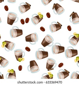 Very high quality original trendy vector seamless pattern with pistachio and cinnamon hot chocolate cup