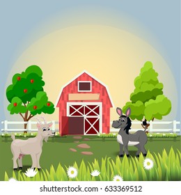 Very high quality original trendy vector illustration of happy and cheerful donkey and goat on farm with fruit trees and chamomiles, farm animal