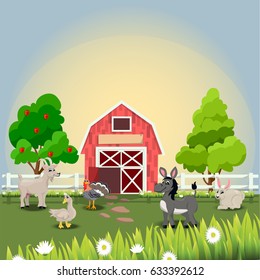 Very high quality original trendy vector illustration of happy and cheerful donkey, turkey, goose, goat and rabbit