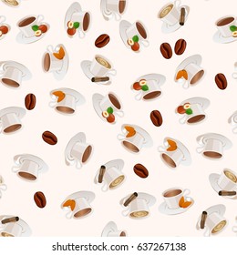 Very high quality original trendy vector seamless pattern with hazelnut, almonds and cinnamon hot chocolate cup