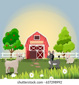 Very high quality original trendy vector illustration of happy and cheerful donkey, goat and rabbit on farm with fruit trees and chamomiles, farm animal