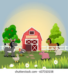 Very high quality original trendy vector illustration of happy and cheerful donkey, turkey, goose, horse, pig and rabbit