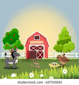 Very high quality original trendy vector illustration of happy and cheerful donkey and quail on farm with fruit trees and chamomiles, farm animal