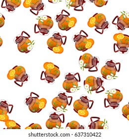 Very high quality original trendy vector seamless pattern teapot with chamomile and orange tea