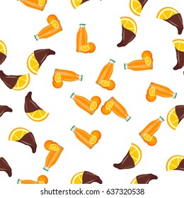 Very high quality original trendy vector seamless pattern with orange juice in glass bottle and orange in chocolate