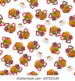 Very high quality original trendy vector seamless pattern teapot with lychee tea