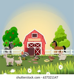 Very high quality original trendy vector illustration of happy and cheerful donkey, turkey, goose, horse, goat, duck, quail and rabbit