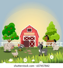 Very high quality original trendy vector illustration of happy and cheerful donkey, turkey, goose, horse, sheep and rabbit