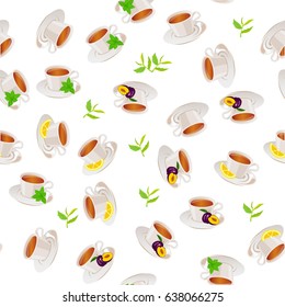 Very high quality original trendy vector seamless pattern tea cup with plum and mint, lemon