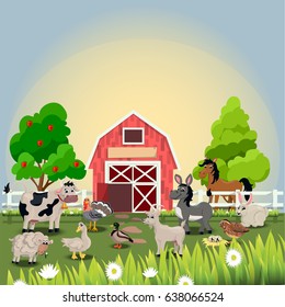Very high quality original trendy vector illustration of happy and cheerful donkey, turkey, goose, horse, goat, duck, quail, sheep and rabbit