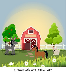 Very high quality original trendy vector illustration of happy and cheerful donkey, horse and rabbit on farm with fruit trees and chamomiles