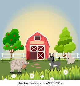Very high quality original trendy vector illustration of happy and cheerful donkey, sheep and rabbit on farm with fruit trees and chamomiles, farm animal